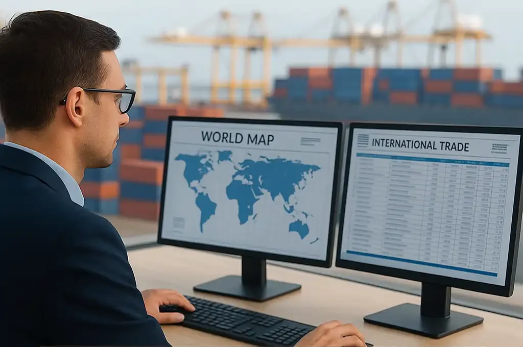 Profissional acompanhando informações de comércio internacional