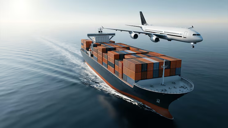 Navio porta-contêineres e aeronave em operação logística internacional