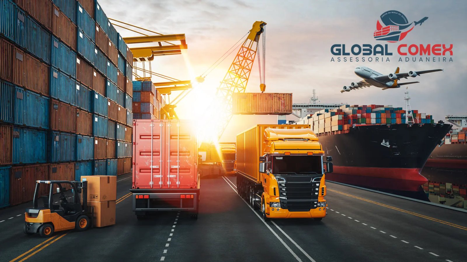 Operação logística da Global Comex com transporte terrestre, marítimo e aéreo